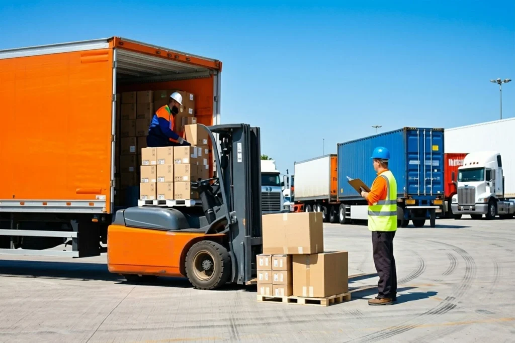 Warehouse workers unloading packages onto a forklift.