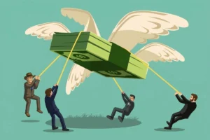 Winged money held by a businessman with a rope symbolizing financial control