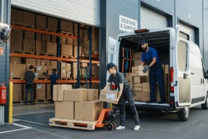 Workers moving packaged goods onto a forklift in a warehouse.
