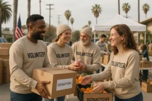 Group of four smiling volunteers in volunteer shirts, with one carrying a donation box.