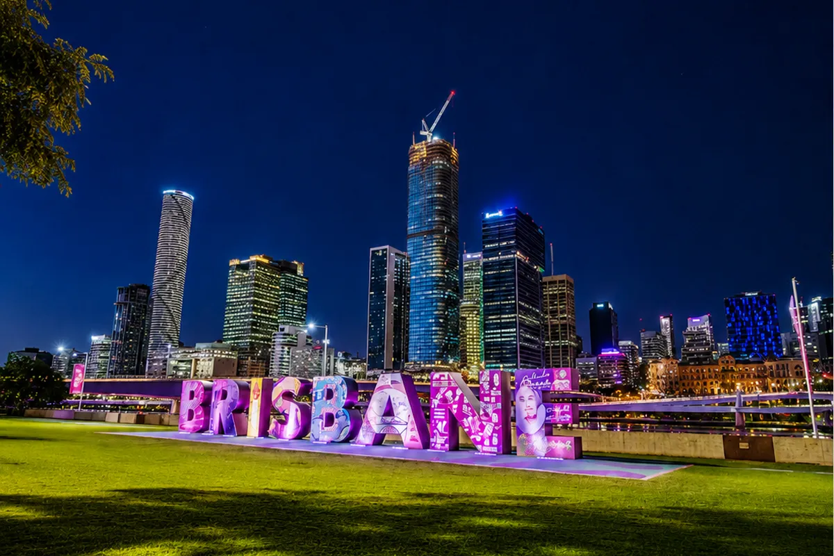 Brisbane landmark letters with modern city buildings in the background