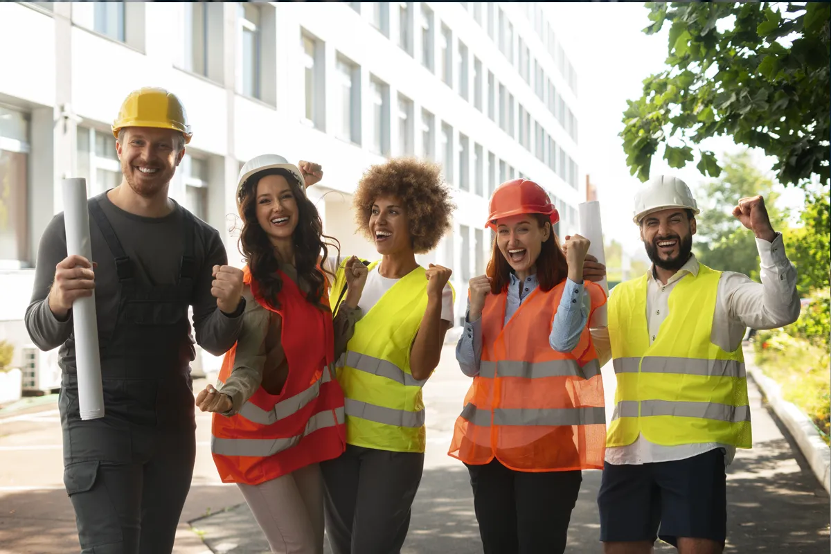 Team of five workers wearing high-visibility safety vests