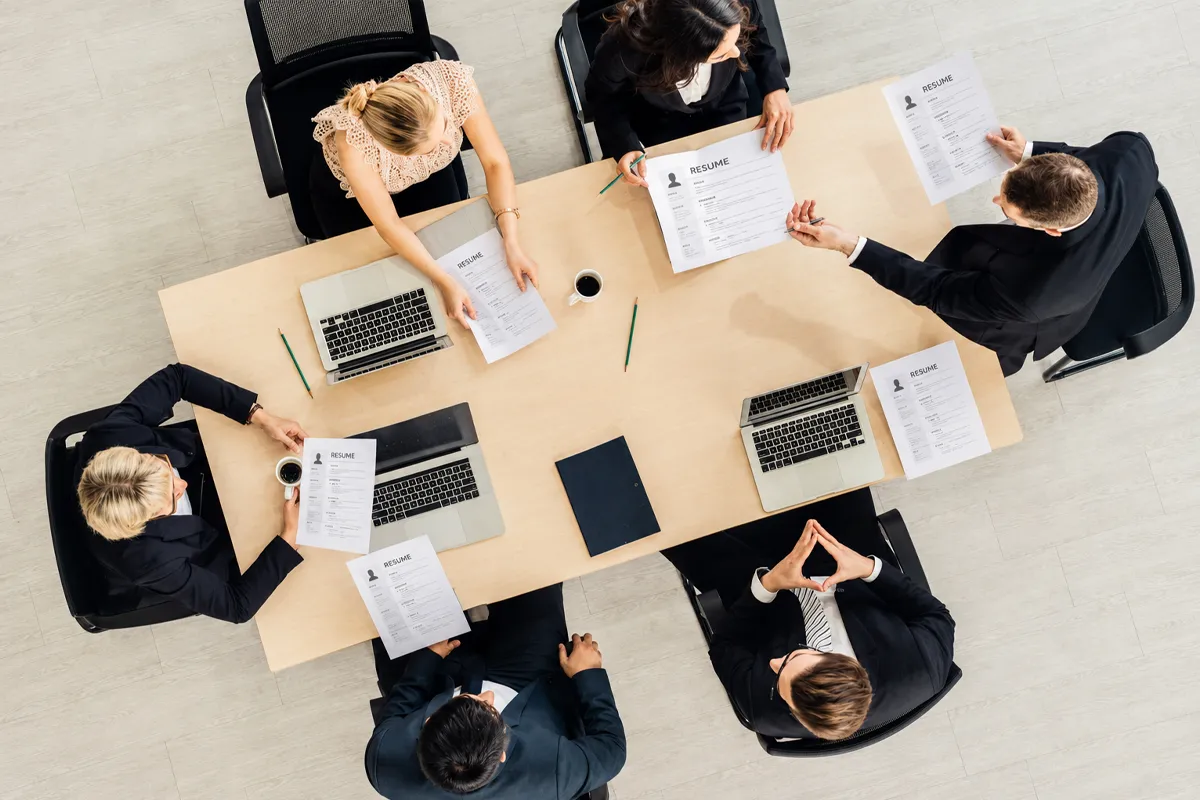Overhead view of a team meeting in a conference room