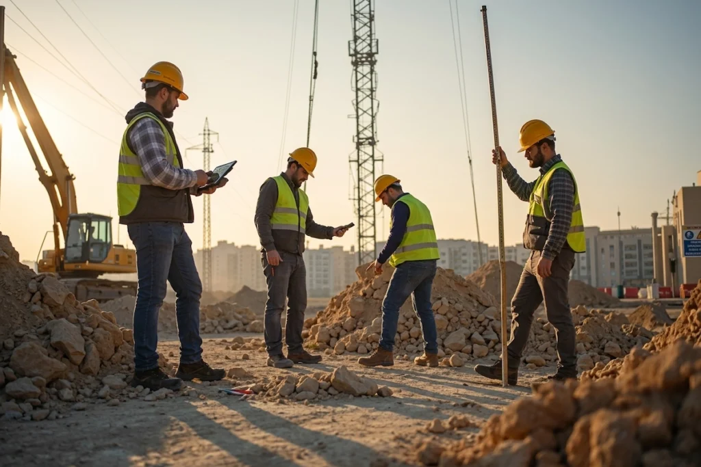 Four construction workers wearing safety vests and helmets standing at a construction site.