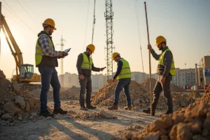 Four construction workers wearing safety vests and helmets standing at a construction site.