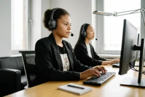 Call center agent working at a computer while assisting customers.