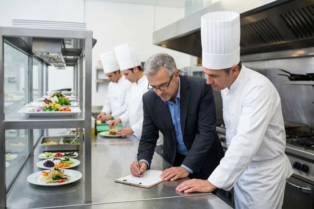 Professional chef and manager discussing meal preparation in the kitchen.