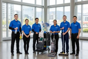 Cleaning crew in blue uniforms with commercial cleaning tools.