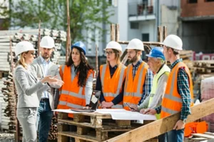 Construction workers, engineer, and clients wearing safety helmets during an on-site meeting.