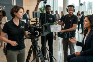 Video production crew recording a woman on camera with professional lighting equipment.