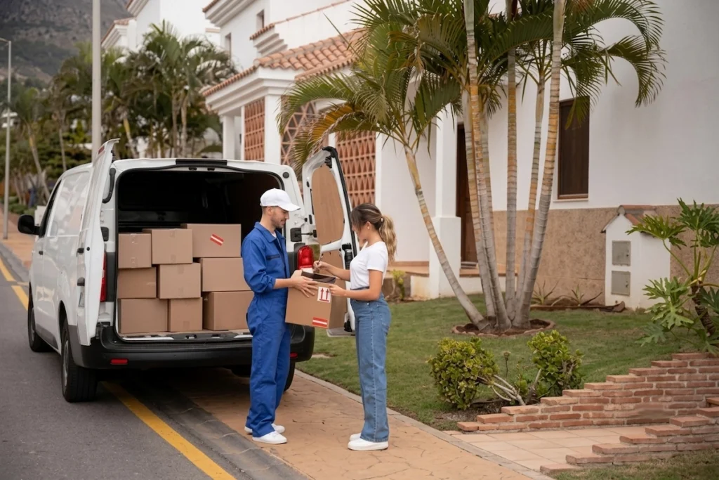Delivery driver handing a package to a woman at her home.