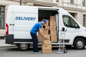 Delivery worker unloading a box from a delivery vehicle.