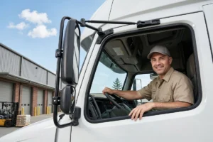 Truck driver seated behind the wheel.