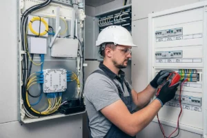 Electrician checking electrical connections with a multimeter.