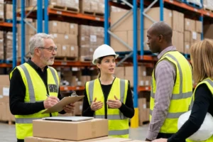 Packaging team discussing warehouse operations while wearing safety vests.