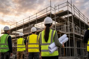 Engineer reviewing building plans at a construction site.