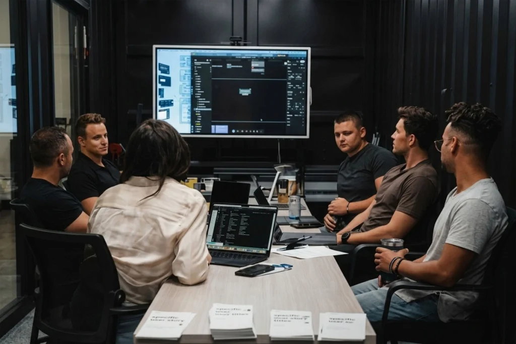 Engineering team holding a meeting to discuss project plans.