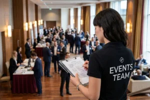 Event staff member checking a checklist while wearing an events team shirt.