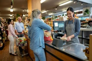 Customer checking out groceries with a cashier at a supermarket checkout counter.