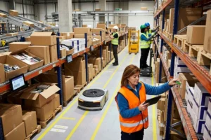 Inventory staff verifying product stock in storage.