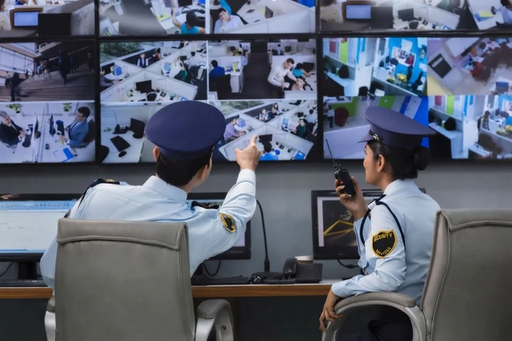 Male and female security officers monitoring CCTV footage, with one pointing at the screen while the other speaks into a two-way radio.