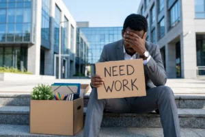 Man sitting with his head in his hand holding a "Need Work" sign.