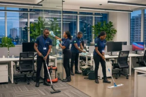 Professional office cleaners vacuuming floors and wiping glass surfaces.