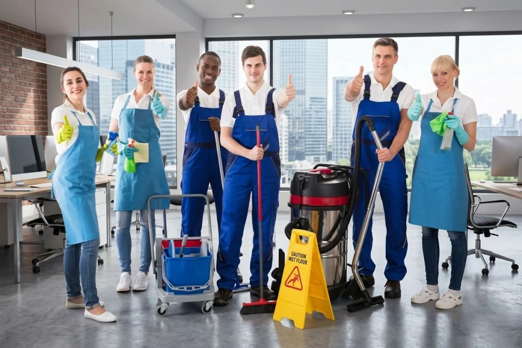 Office cleaning staff showing thumbs up while holding commercial cleaning equipment.