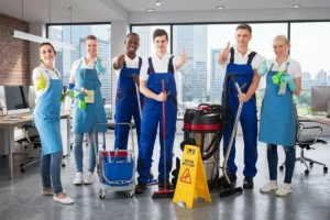 Office cleaning staff showing thumbs up while holding commercial cleaning equipment.