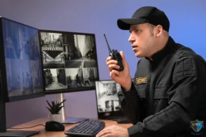 Security officer in a black uniform monitoring surveillance camera footage.
