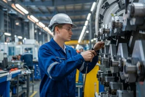 Machine operator cleaning industrial equipment with an air gun.