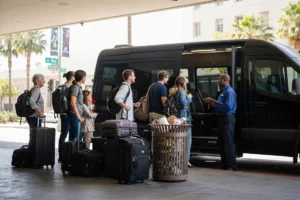 People standing in line to board a black van for transportation.