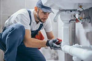 Plumber repairing bathroom plumbing under a sink.