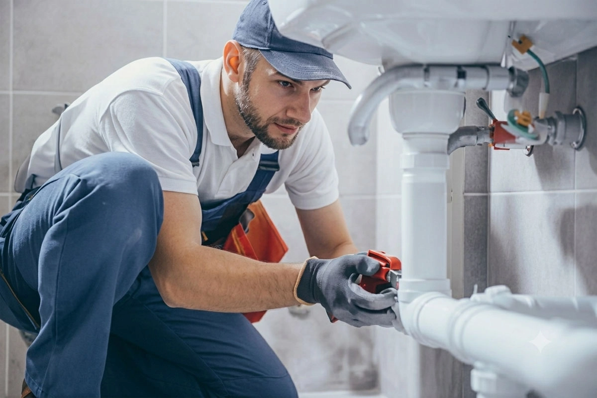 Plumber repairing bathroom plumbing under a sink.
