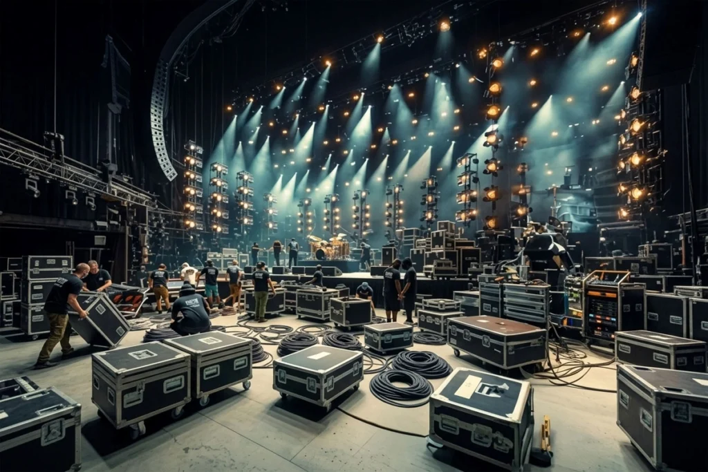 Production team preparing the stage before a live event.