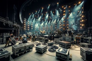 Production team preparing the stage before a live event.