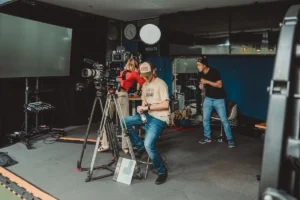Production team getting ready for filming on location.