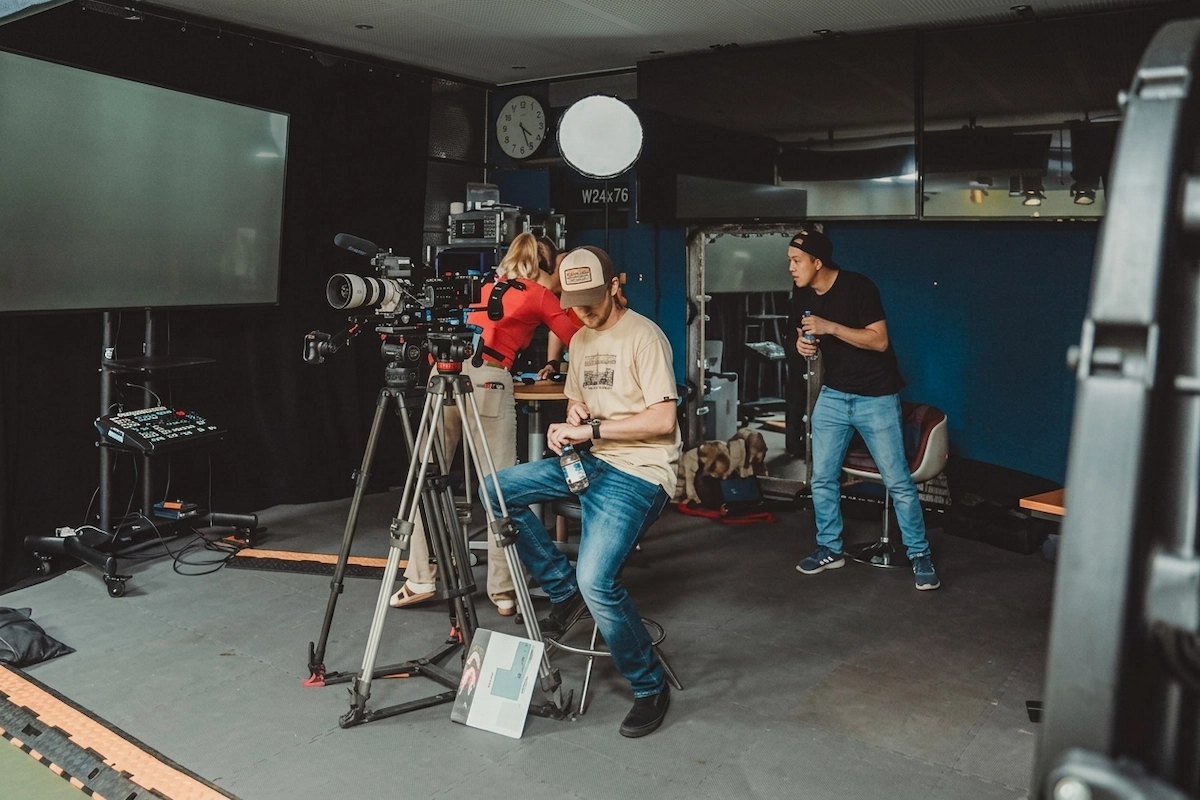 Production team getting ready for filming on location.