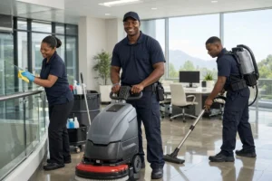 Professional cleaning crew members performing commercial cleaning services.