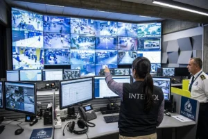 Security officer monitoring CCTV footage in a surveillance control room.