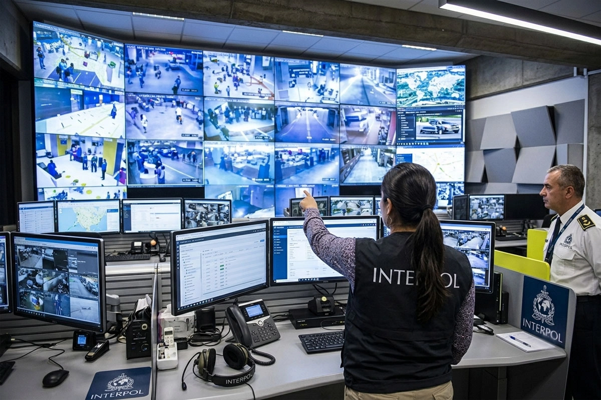 Security officer monitoring CCTV footage in a surveillance control room.