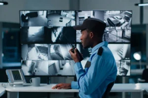 Security personnel monitoring security camera footage and using a radio for communication.