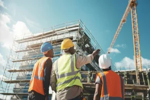 Three construction workers in high-visibility vests and hard hats viewing a building under construction with scaffolding and a crane under a clear blue sky.