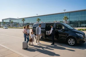 Staff assisting a family with luggage while boarding a passenger van.