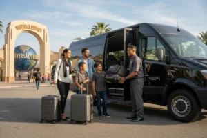 Staff member assisting visitors with loading luggage into a passenger van.