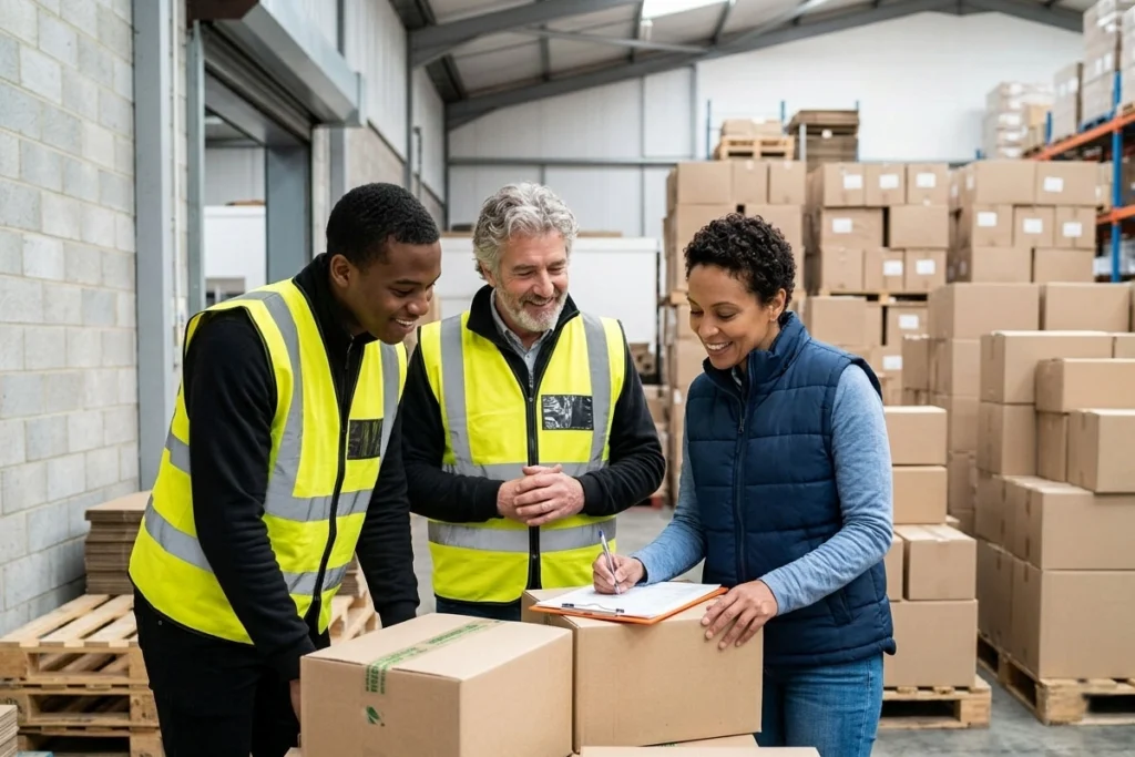 Three workers wearing safety vests reviewing the document together.