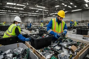 Two factory workers sorting products on a production line.