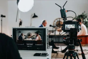 Two podcast presenters discussing a topic during a video podcast recording.