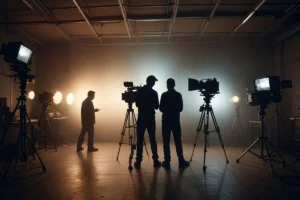 Two production staff discussing a project from behind the scenes.