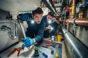 Two plumbers using a flashlight while repairing pipes under a kitchen sink.